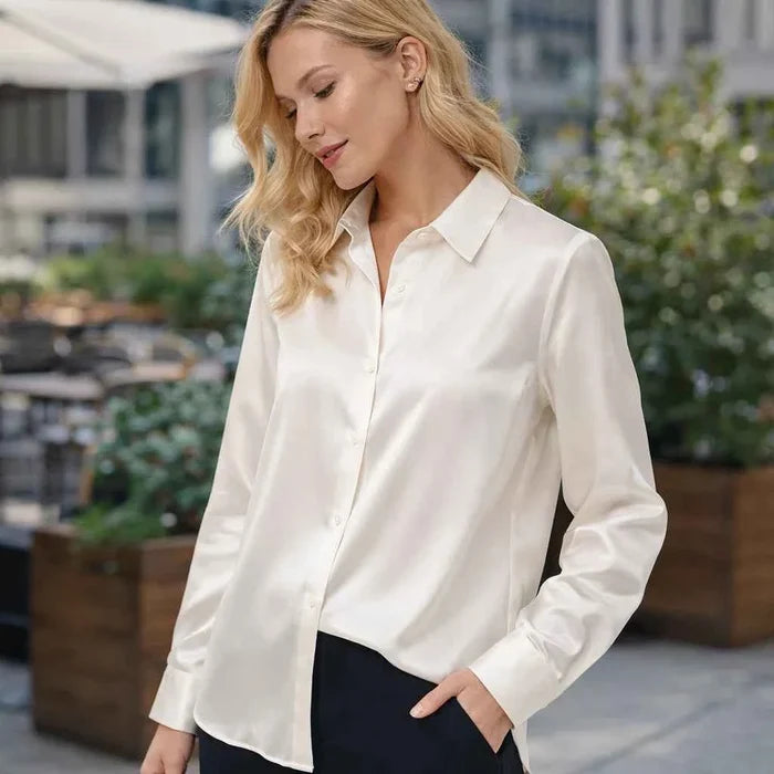 Women's Mulberry Silk Square-Collar Blouse – Slim Fit Long Sleeve Elegant Office Shirt