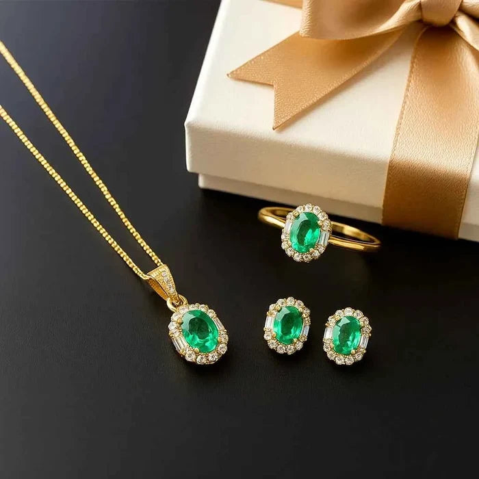 Women's Natural Colombian Emerald Jewelry Set – Sterling Silver with Adjustable Ring