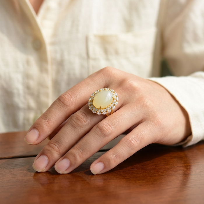 Women's Natural Hetian Jade Ring – 925 Sterling Silver Adjustable size
