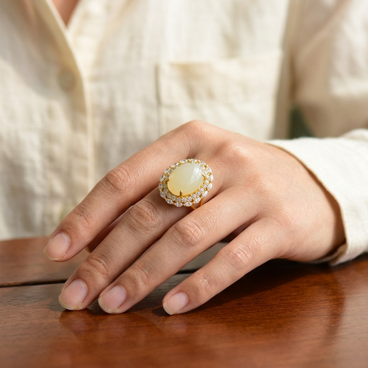 Women's Natural Hetian Jade Ring – 925 Sterling Silver Adjustable size