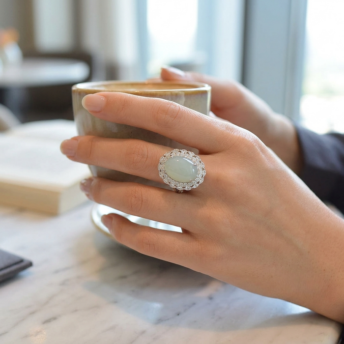 Women's Natural Hetian Jade Ring – 925 Sterling Silver Adjustable size