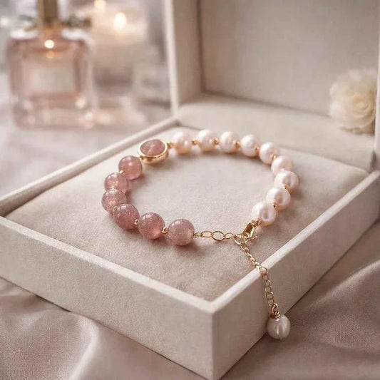 Women's Natural Pearl Heart Bracelet – Adjustable Elastic Strawberry Crystal Beaded Bracelet