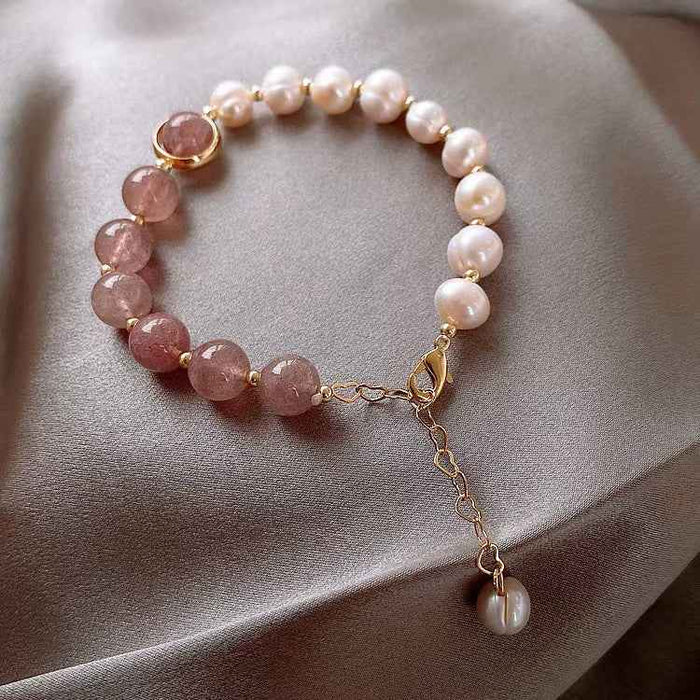 Women's Natural Pearl Heart Bracelet – Adjustable Elastic Strawberry Crystal Beaded Bracelet