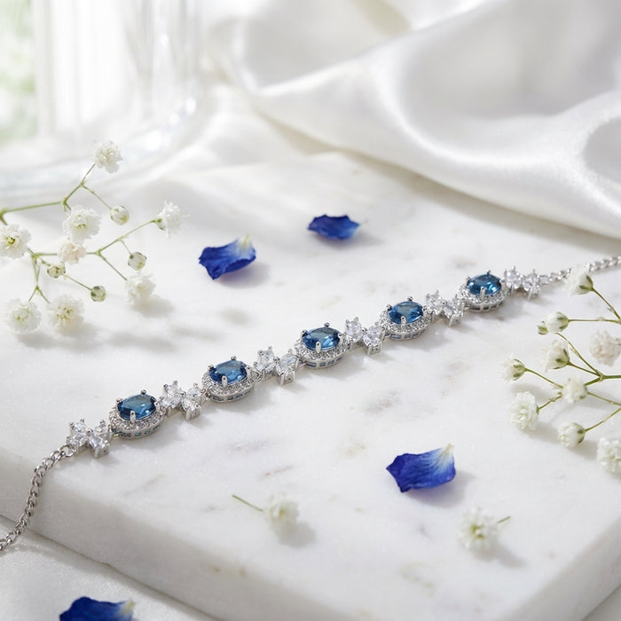 Women's Natural Swiss Blue Topaz Bracelet – 925 Sterling Silver Handmade Adjustable Gemstone Jewelry