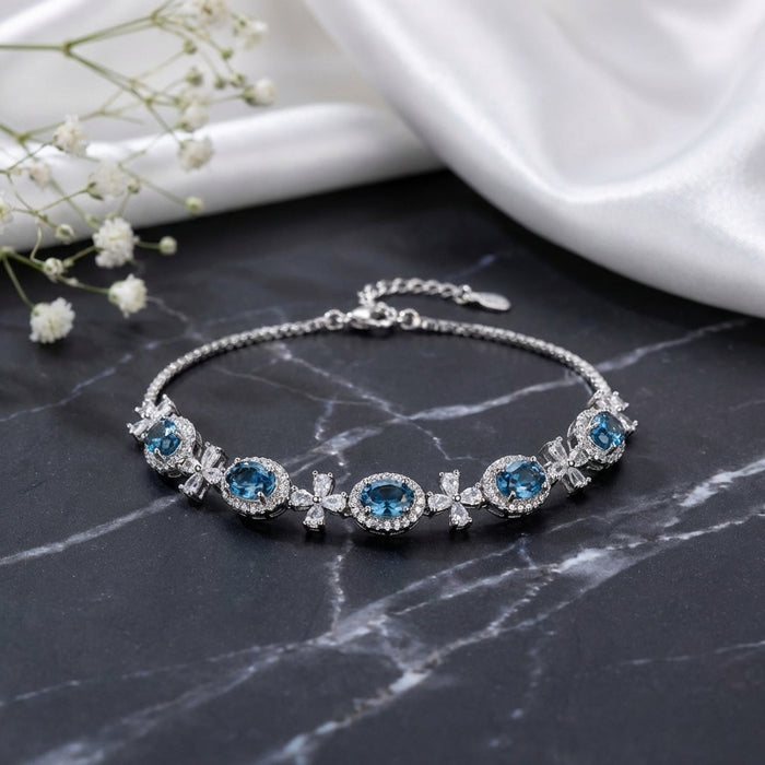 Women's Natural Swiss Blue Topaz Bracelet – 925 Sterling Silver Handmade Adjustable Gemstone Jewelry