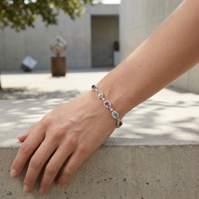 Women's Natural Tourmaline Bracelet — 925 Sterling Silver Geometric Oval