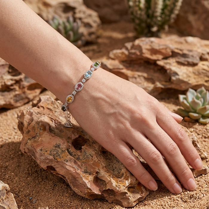 Women's Natural Tourmaline Bracelet — 925 Sterling Silver Geometric Oval