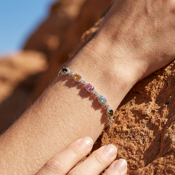 Women's Natural Tourmaline Bracelet — 925 Sterling Silver Geometric Oval