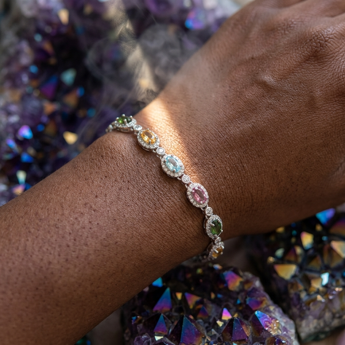Women's Natural Tourmaline Bracelet — 925 Sterling Silver Geometric Oval