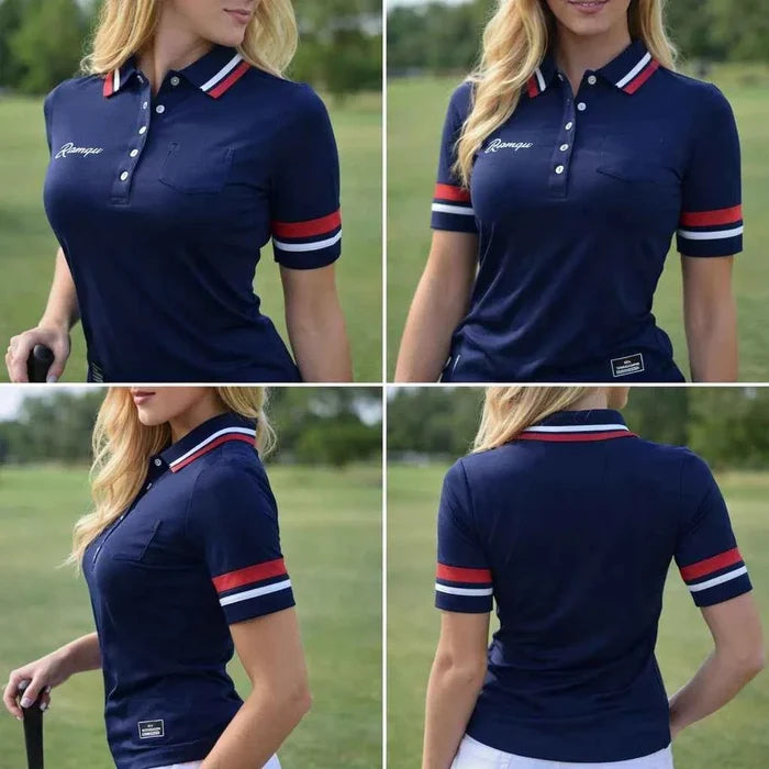 Women's Navy Stripe Performance Golf Tee – UPF 30+ 4-Way Stretch Activewear Top