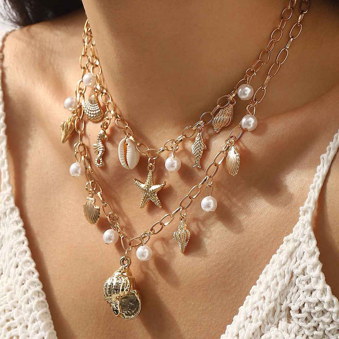 Women's Ocean Pearl Tassel Necklace – Starfish and Shell Beach-Inspired Pendant