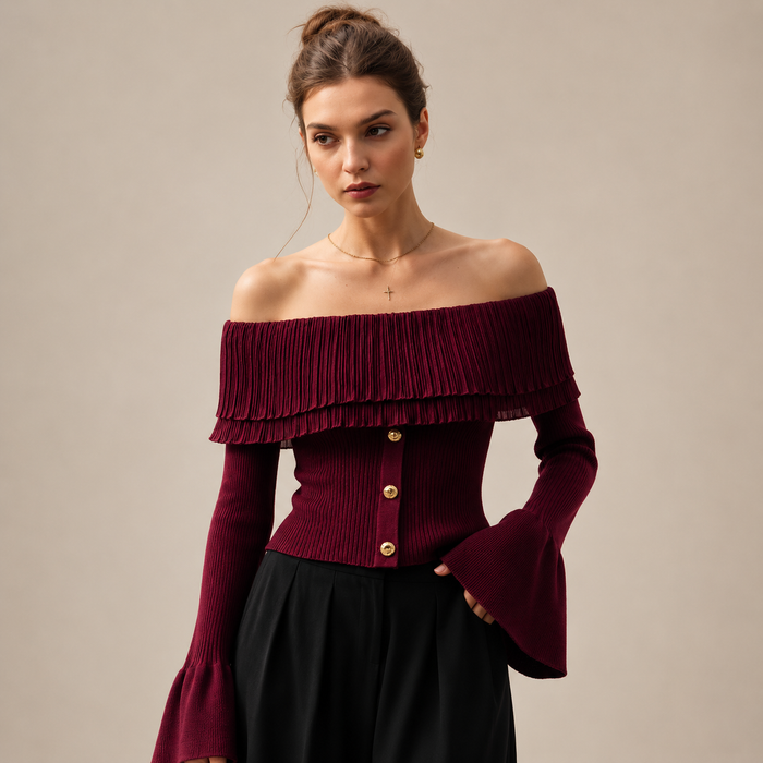 Women's Off-Shoulder Bell-Sleeve Sweater Top – Clinched Splicing Long-Sleeve Knitwear