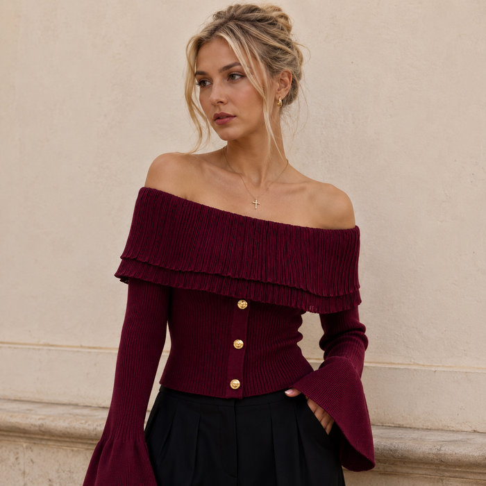 Women's Off-Shoulder Bell-Sleeve Sweater Top – Clinched Splicing Long-Sleeve Knitwear