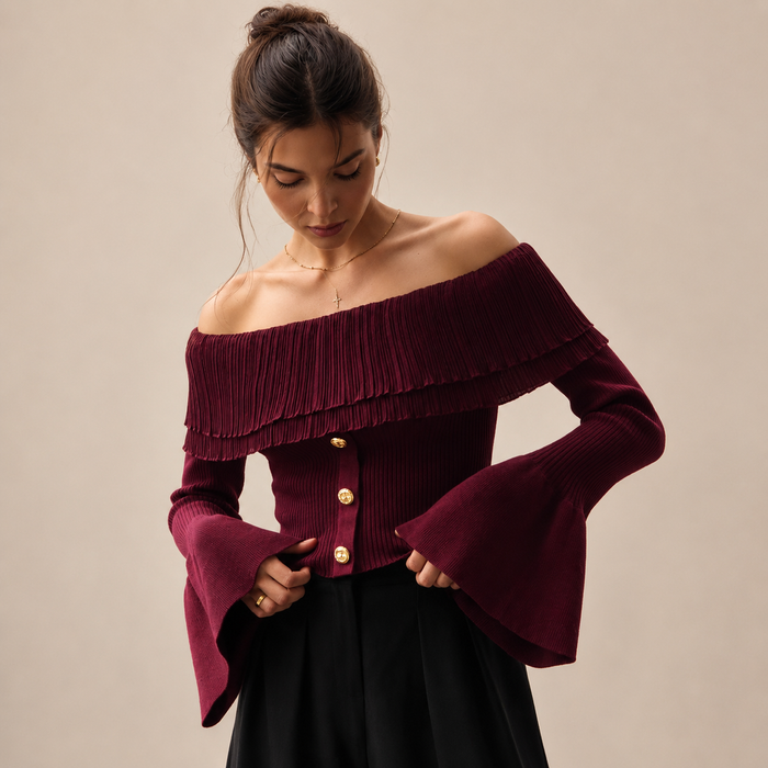 Women's Off-Shoulder Bell-Sleeve Sweater Top – Clinched Splicing Long-Sleeve Knitwear