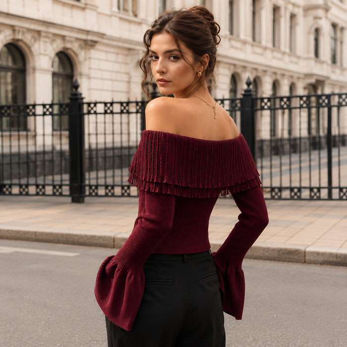 Women's Off-Shoulder Bell-Sleeve Sweater Top – Clinched Splicing Long-Sleeve Knitwear