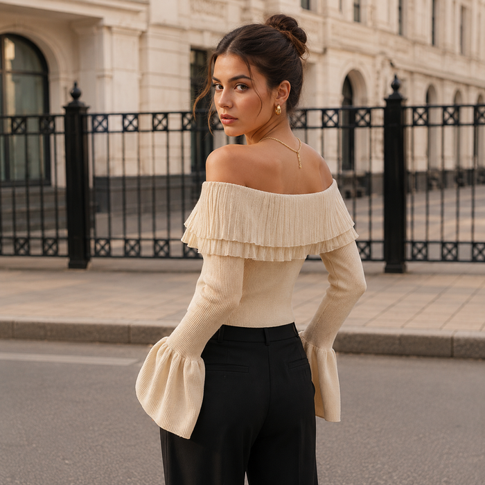Women's Off-Shoulder Bell-Sleeve Sweater Top – Clinched Splicing Long-Sleeve Knitwear