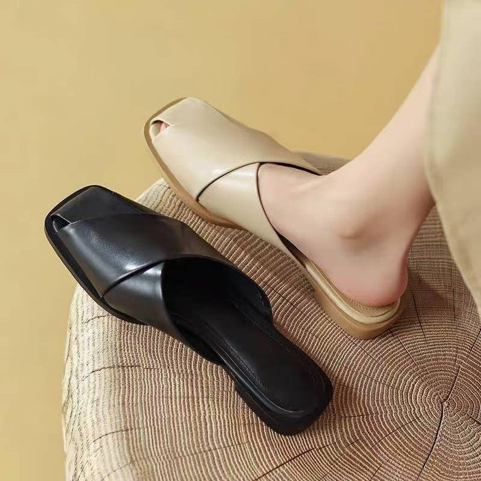 Women’s Open Toe Flat Slippers – Korean Style Casual Slip-On Sandals with Thick Sole, Hollow Design & Comfortable Everyday Wear