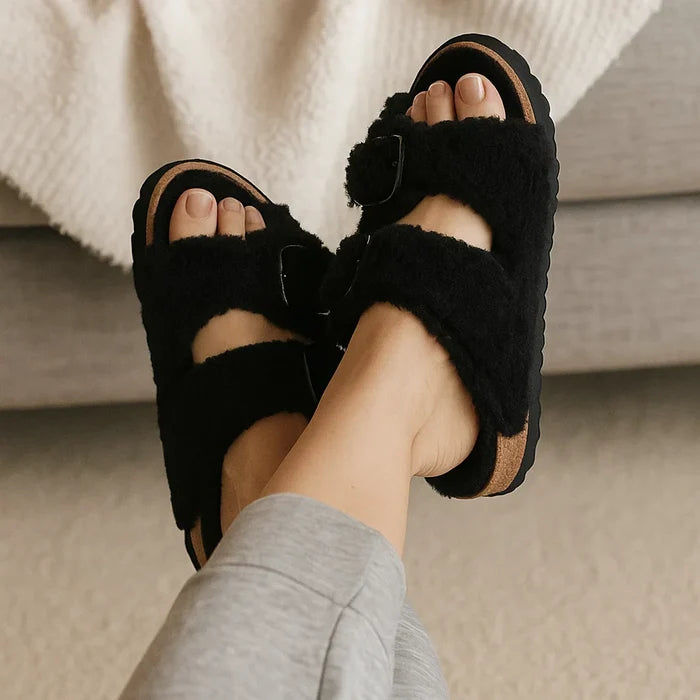 Women's Outdoor Fur Slippers – Sheepskin Lined Non-Slip Cork Sole Slides