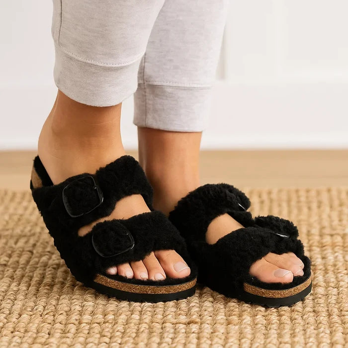 Women's Outdoor Fur Slippers – Sheepskin Lined Non-Slip Cork Sole Slides