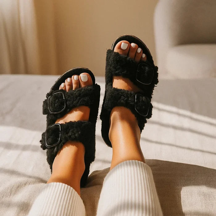 Women's Outdoor Fur Slippers – Sheepskin Lined Non-Slip Cork Sole Slides