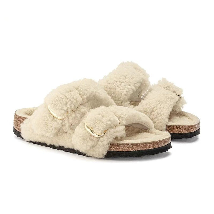 Women's Outdoor Fur Slippers – Sheepskin Lined Non-Slip Cork Sole Slides