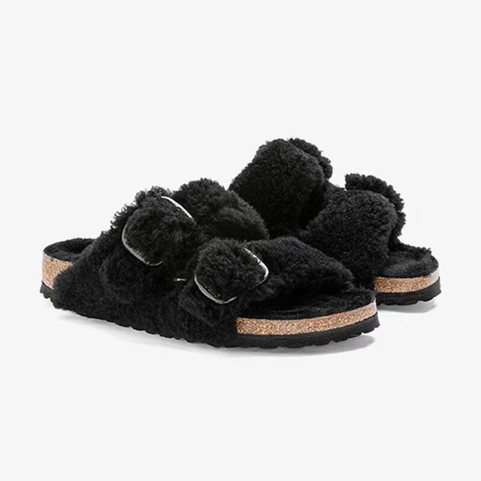 Women's Outdoor Fur Slippers – Sheepskin Lined Non-Slip Cork Sole Slides