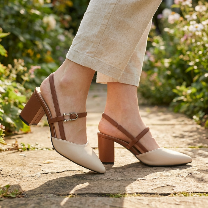 Women's Pointed Toe T-Strap Buckle Sandals – Chunky Block Heel 6.5cm Open-Back