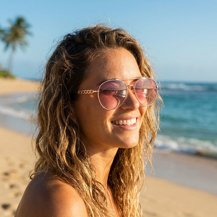 Women's Polarized Pilot Sunglasses with Chain – UV400 Metal Frame Aviator Shades with CR39 Lenses