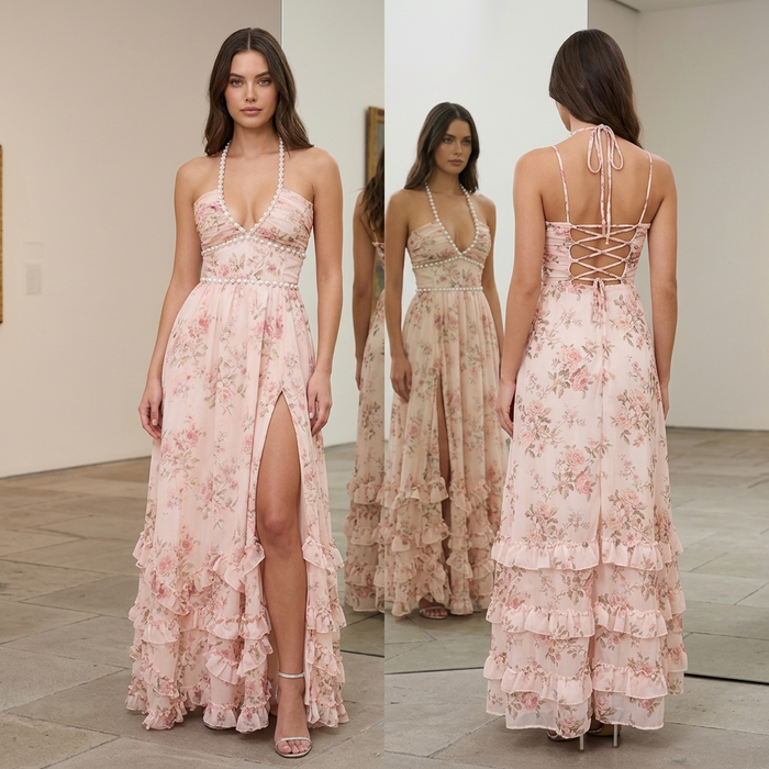 Women's Printed Chiffon Maxi Dress – V-Neck Sleeveless Swing Dress