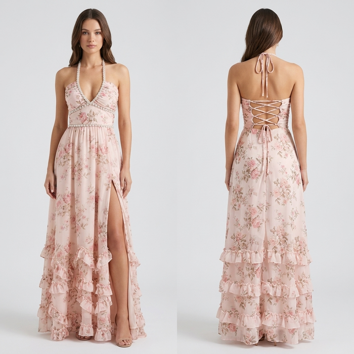 Women's Printed Chiffon Maxi Dress – V-Neck Sleeveless Swing Dress