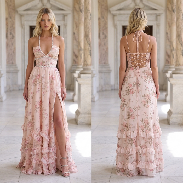 Women's Printed Chiffon Maxi Dress – V-Neck Sleeveless Swing Dress