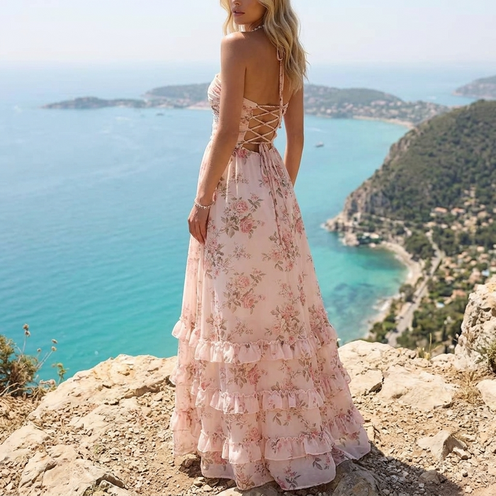 Women's Printed Chiffon Maxi Dress – V-Neck Sleeveless Swing Dress