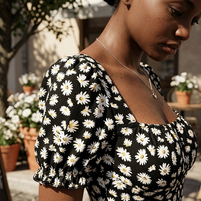 Women's Puff Sleeve Floral Daisy Midi Dress