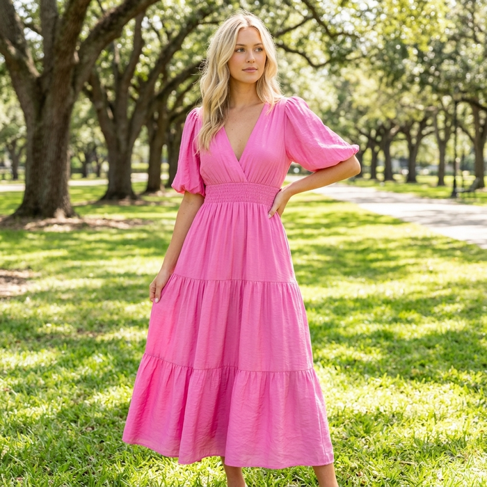 Women's Puff-Sleeve Maxi Dress – V-Neck High-Waist Swing Dress