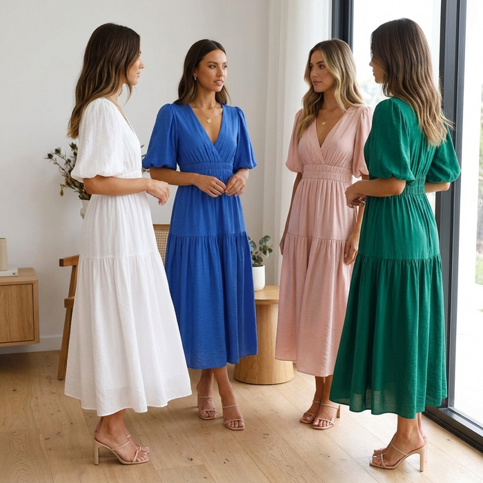 Women's Puff-Sleeve Maxi Dress – V-Neck High-Waist Swing Dress