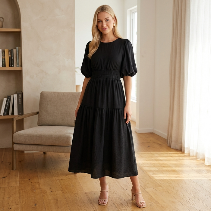 Women's Puff-Sleeve Maxi Dress – V-Neck High-Waist Swing Dress