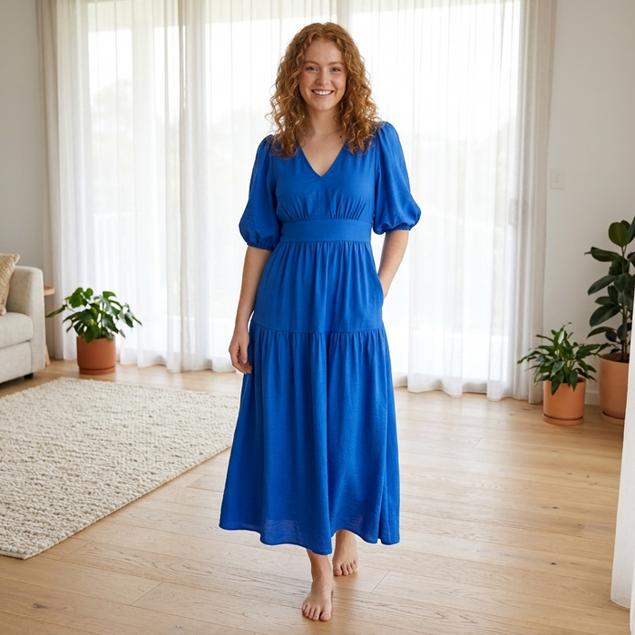 Women's Puff-Sleeve Maxi Dress – V-Neck High-Waist Swing Dress