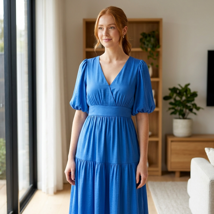Women's Puff-Sleeve Maxi Dress – V-Neck High-Waist Swing Dress
