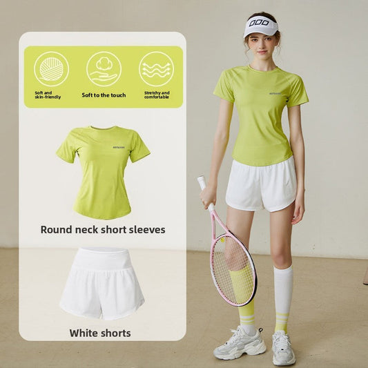 A woman modeling a lime green short-sleeve athletic T-shirt and white tennis shorts, standing indoors and holding a tennis racket. An inset panel on the left shows the shirt and shorts separately with text labels and three feature icons.