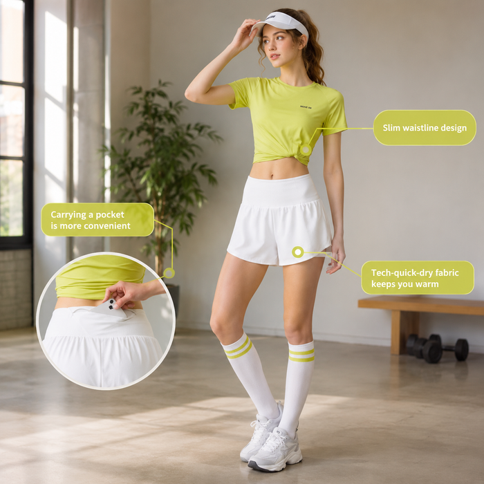 A woman modeling a bright yellow-green athletic crop top and white athletic skirt in a sunlit indoor room, with callout bubbles and an inset showing product features like a pocket and tech quick-dry fabric.
