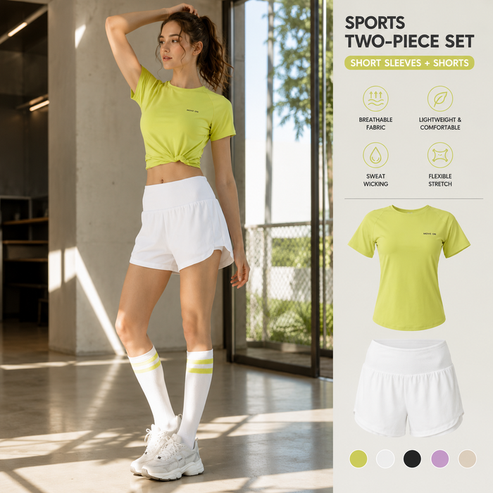 A woman models a lime green short-sleeve crop top and white shorts set in an indoor space with large windows. The right side features product information text, a smaller product image, and color swatches.