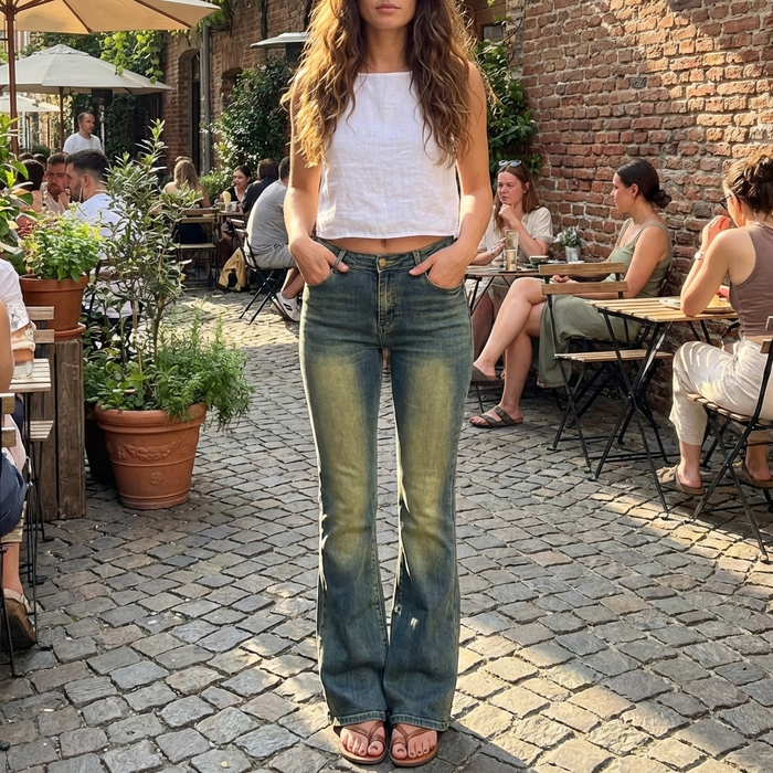 Women's Retro Embroidered Flare Jeans – High Waist Stretch Denim Pants with Vintage Blue Wash & Slim Flared Leg Design