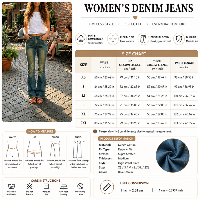 Women's Retro Embroidered Flare Jeans – High Waist Stretch Denim Pants with Vintage Blue Wash & Slim Flared Leg Design