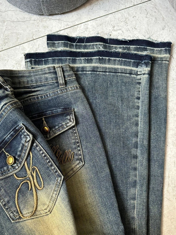 Women's Retro Embroidered Flare Jeans – High Waist Stretch Denim Pants with Vintage Blue Wash & Slim Flared Leg Design