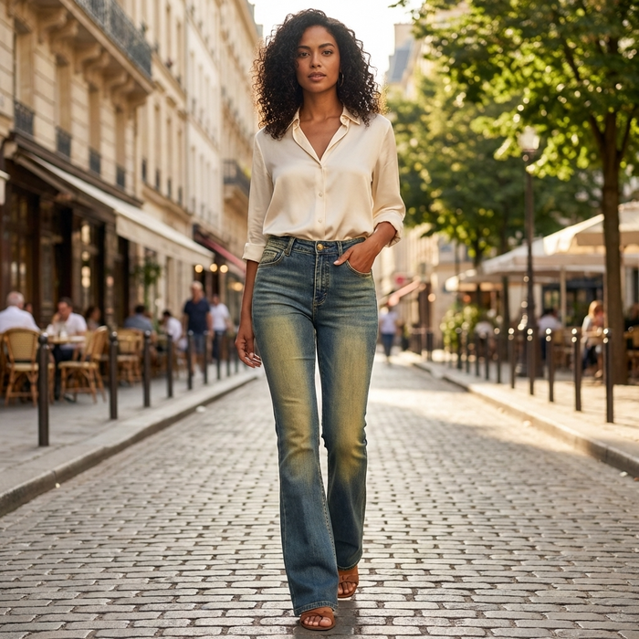 Women's Retro Embroidered Flare Jeans – High Waist Stretch Denim Pants with Vintage Blue Wash & Slim Flared Leg Design