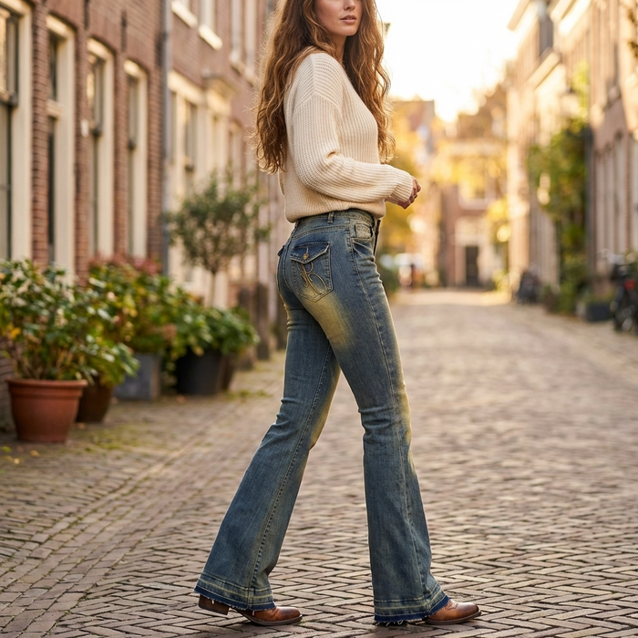 Women's Retro Embroidered Flare Jeans – High Waist Stretch Denim Pants with Vintage Blue Wash & Slim Flared Leg Design