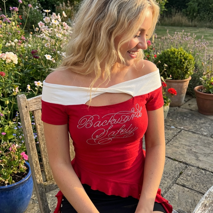 Women's Retro Off-Shoulder Ribbon Slim Fit T-Shirt – One-Line Collar Embroidered Short Sleeve Summer Crop Top