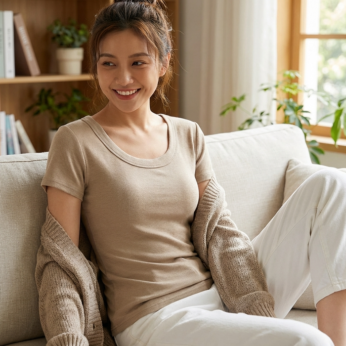 Women's Right Shoulder Threaded T-Shirt – Slim Fit Stretch Cotton Tee with U-Neck, Short Sleeves & Soft Breathable Fabric for Casual & Everyday Wear