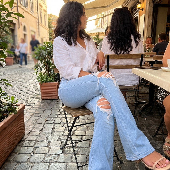 Women's Ripped High Waist Wide Leg Denim Trousers