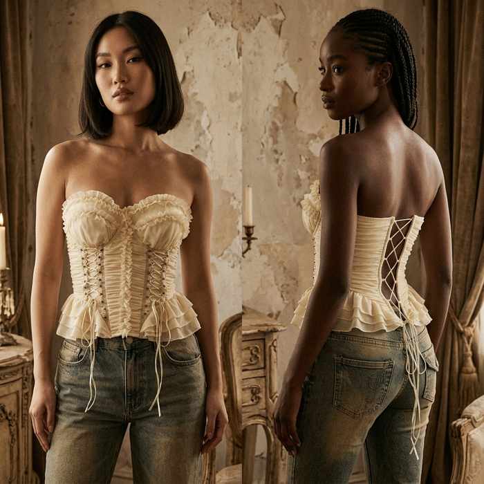 Women's Ruffled Strapless Corset Top – Lace-Up Back Fishbone Slim Tube Top